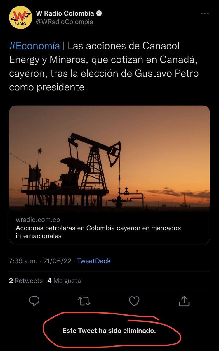 CesarSerpa's tweet photo. @petrogustavo La @WRadioColombia difundiendo fake news y generando pánico económico (un delito), después que publican la noticia falsa la eliminan como si el daño ya no estuviera hecho; la caída de las acciones petroleras fue MUNDIAL, ¡Ya basta de tanta desinformación! https://t.co/SNeWLkyl2n