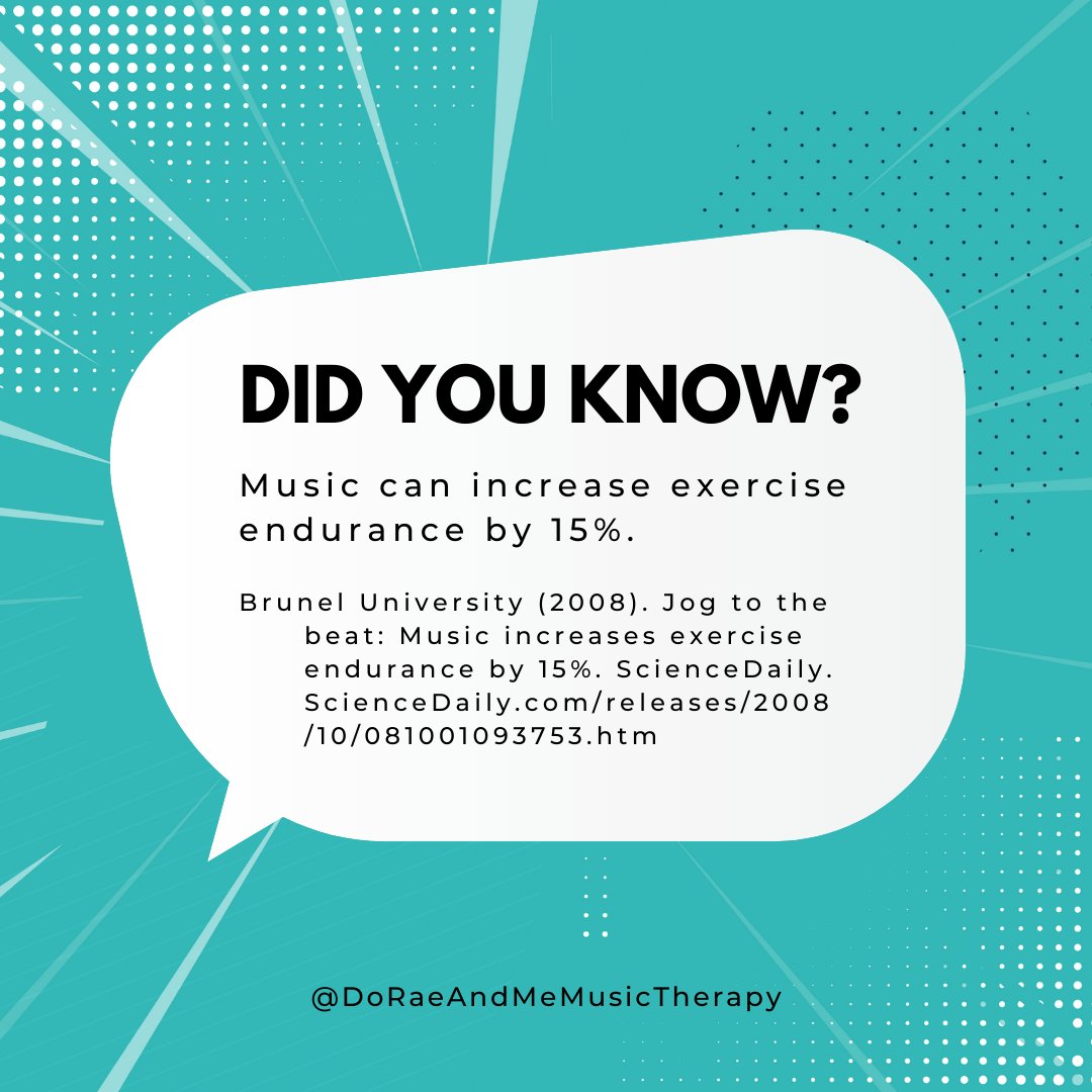 doraeandmemusic's tweet photo. DID YOU KNOW?
Music can increase exercise endurance by 15%.
What's on your Playlist that helps you, or your clients, go the extra mile?
#DidYouKnow #MusicTherapy #Music #Excercise #Endurance #DoRaeAndMeMusicTherapy #DoRaeAndMe https://t.co/SBLwnNUsMy