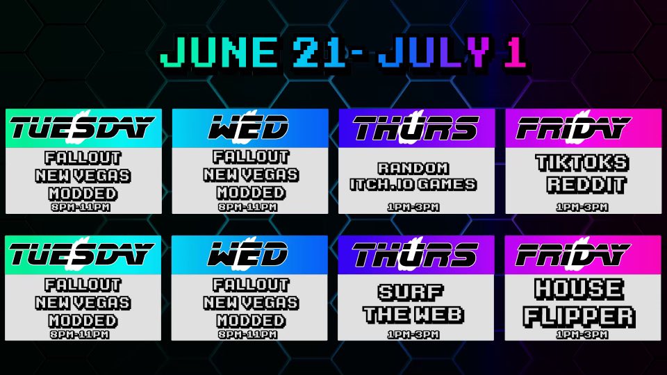 metagatestreams's tweet photo. Here’s what we’re doing for the next two weeks! Hope you can catch a stream or two. https://t.co/r2e793y2Ip