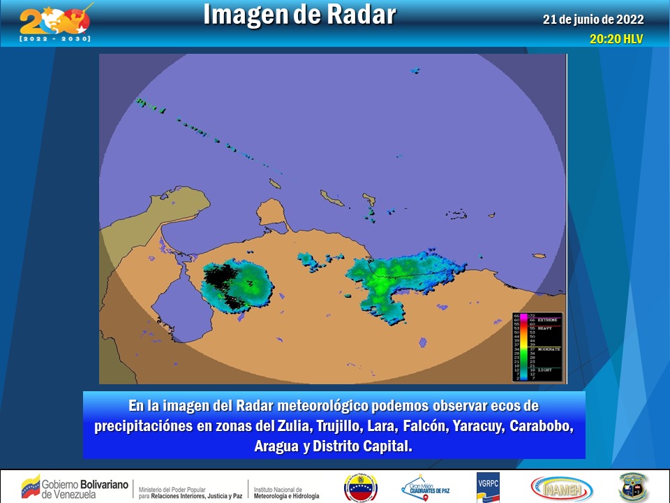 #21Jun #INAMEHInforma *Imagen del Radar Meteorológico.* Reporte de las 20:45 HLV <a href="/INAMEH/">INAMEH</a> <a href="/tutiempopereira/">Jose Ramon Pereira</a>
#ValeLaPenaCuidarse  #NadieNosQuitaLoLuchado