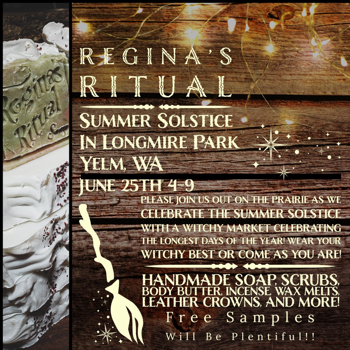 ReginasRitual's tweet photo. Happy Summer Solstice! Come hang out with us PNW folks! 

#pnw #witchcraft #cottagecore #soap #oddities #vikings #Yelm https://t.co/nmkjOQVKje