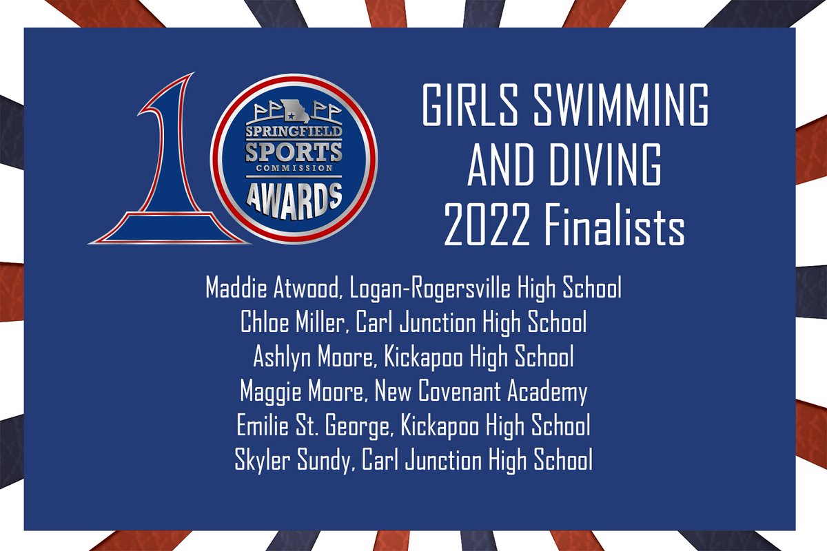The finalists for Girls Swimming and Diving in the 2022 #SCAWARDS are…

Maddie Atwood (<a href="/LRWildcatATH/">LogRog Athletics</a>) Chloe Miller (<a href="/CarlJunctionHS/">Carl Junction HS</a>) Ashlyn Moore (<a href="/KickapooChiefs/">KickapooHighSchool</a>) Maggie Moore (<a href="/NCAWarriorsMO/">New Covenant Academy</a>) Emilie St. George (<a href="/KickapooChiefs/">KickapooHighSchool</a>) Skyler Sundy (<a href="/CarlJunctionHS/">Carl Junction HS</a>)
