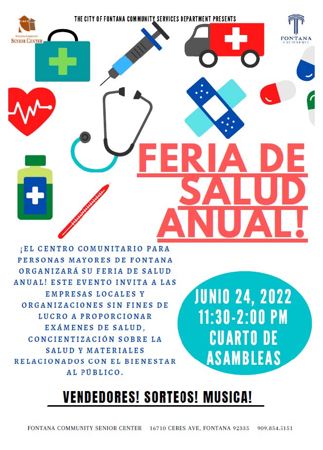 Please join us at the City of Fontana Annual Health Fair this  Friday, June 24 from 11:30am to 2pm at the Fontana Community Senior Center.