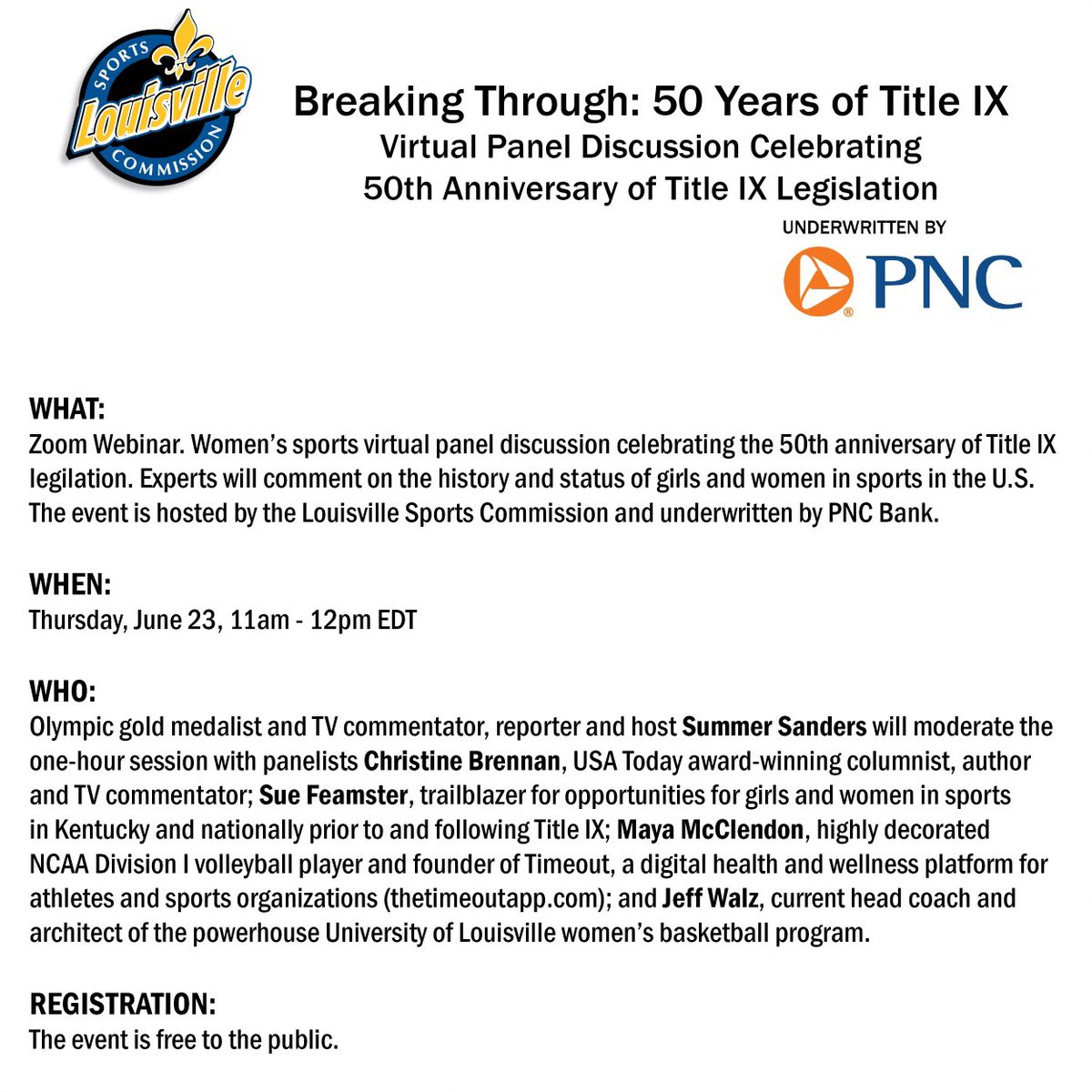 terrymeiners's tweet photo. .@PNCBank regional president Kristen Byrd, who played college ⚽️, will join @SummerSanders_ @cbrennansports @CoachJeffWalz to celebrate 50 years of Title IX and the road ahead.  

Sports can seed business success. 🥇

LISTEN 🏆 https://t.co/hEGXmKr7pL 

#womenssports  @840WHAS https://t.co/hG7leDgs5G