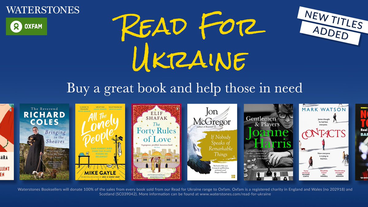 #ReadForUkraine campaign has had a refresh, The titles from @Joannechocolat, @watsoncomedian, @Elif_Safak, @mikegayle, @jon_mcgregor and @RevRichardColes, with 100% of sales going to support @oxfamgb.

Find them in your local shop or online: bit.ly/ReadForUkraine