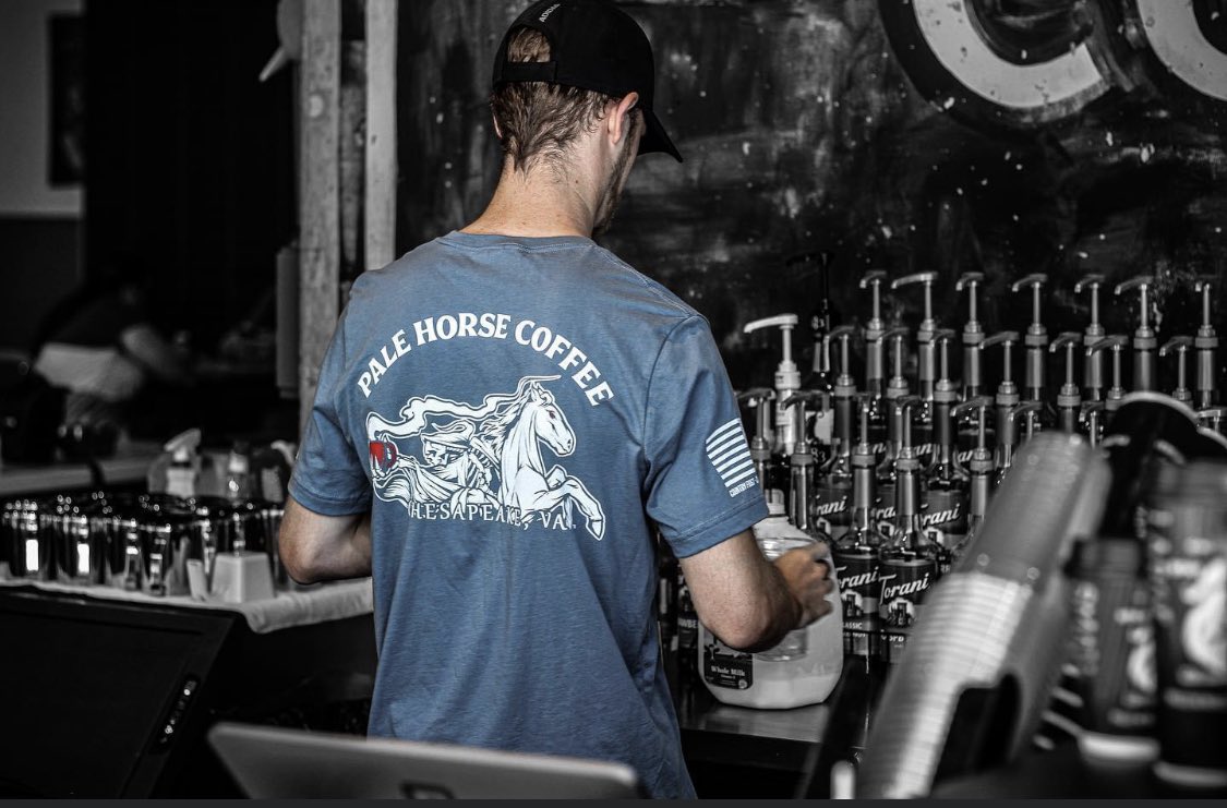 Limited quantity. Dropping online &amp; in store this Friday @ 5pm!

Signature Pale Rider logo with bold red details.
Soft 100% cotton steel blue tee. 
Made just for you. 🫶🏻☠️

#palehorsecoffeemerch 
#palehorsecoffee 
#onlinestoreusa 
#veteranownedbusinesses 
#veteranownedbusiness