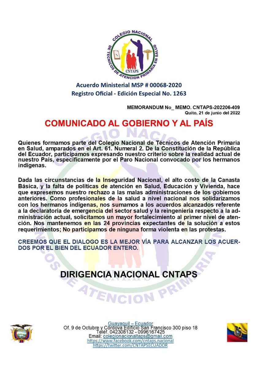 CNTAPSECUADOR's tweet photo. Respecto a las manifestaciones:

*COMUNICADO*

-Nos mantenemos expectantes, la dirigencia en las 24 provincias
-Exigimos la inmediata reingeniería en la administración de @Salud_Ec 
-Rechazamos la violencia en las protestas

#ElDialogoEsLaMejorVia
@LassoGuillermo @icorreaecuador https://t.co/9HgkIt686r