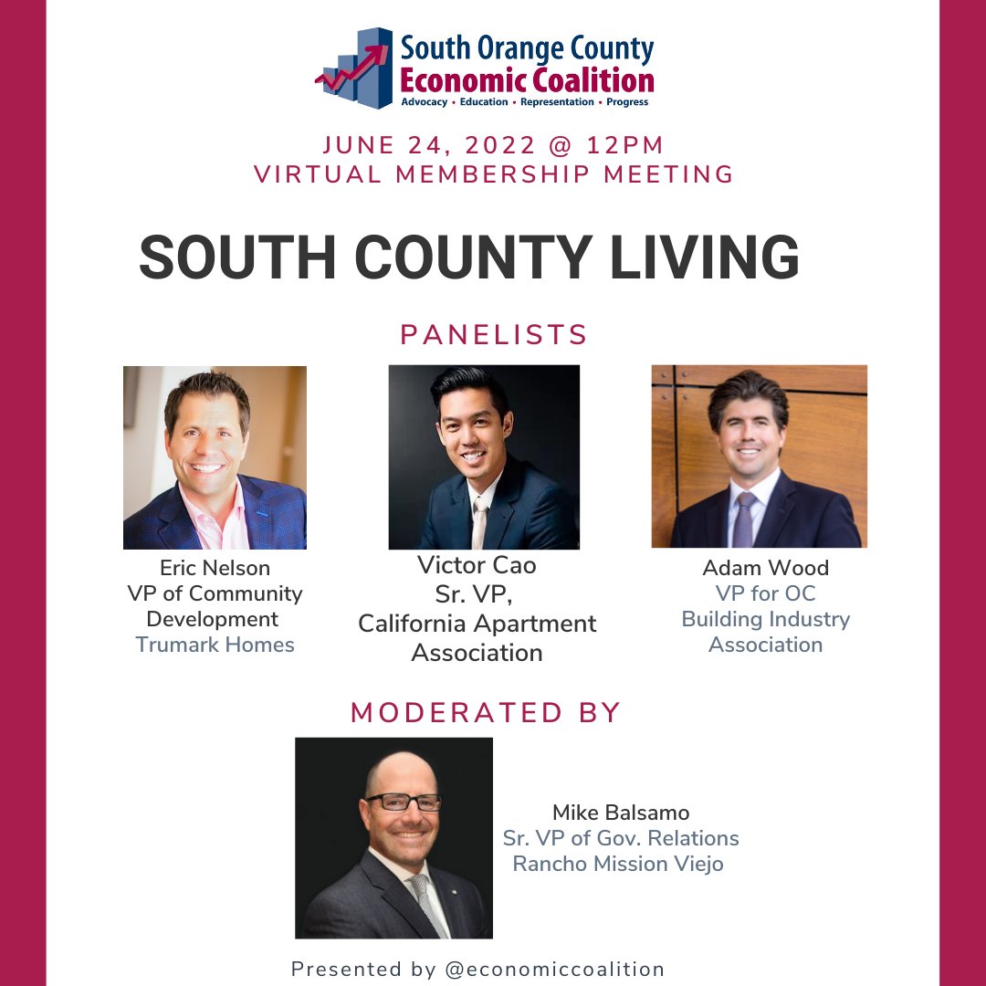 socecoalition's tweet photo. Meet the Panel for our June Membership Meeting, "South County Living" happing this Friday! We'll be discussing how the next generation of housing & apartments will impact the future of our community. Tune in at 12 and RSVP here: https://t.co/lXDMVUDF1B
#OC #SOCEC #Housing https://t.co/5HdSbyR2o3