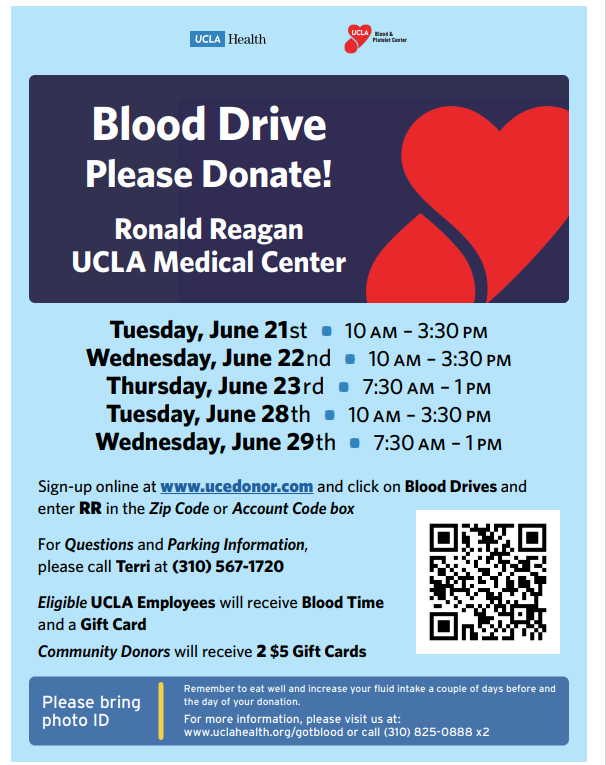 UCLA_Pathology's tweet photo. Give Blood. Save Lives. Donate Today! 🩸 @DonateBloodUCLA 

📱: 310-825-0888, select option 2
🌐: https://t.co/y2bvn0xqqp
📧: gotblood@mednet.ucla.edu https://t.co/r8eKtcWDUw