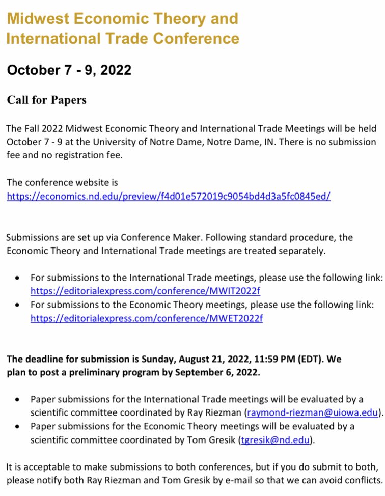 jameswesleylake's tweet photo. Come and join us for what will be a great meeting of the Midwest Econ Theory &amp; International Trade Conference @ Norte Dame in the Fall! @rafer77 @YotovG @nd_econ https://t.co/SvnNMTUbGX