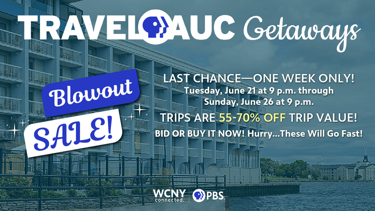 WCNYPBS's tweet photo. 📣 ONE WEEK ONLY! 

The #TravelAuc BLOWOUT SALE is officially here! Now is your chance to save BIG on trips and getaways during our blowout #sale happening NOW-Sunday!

Browse trips now to find your next getaway at https://t.co/2qCsTB7rI9. 

#WCNY #Sale #Vacation #Getaway #Hotels https://t.co/433RDhDOWV