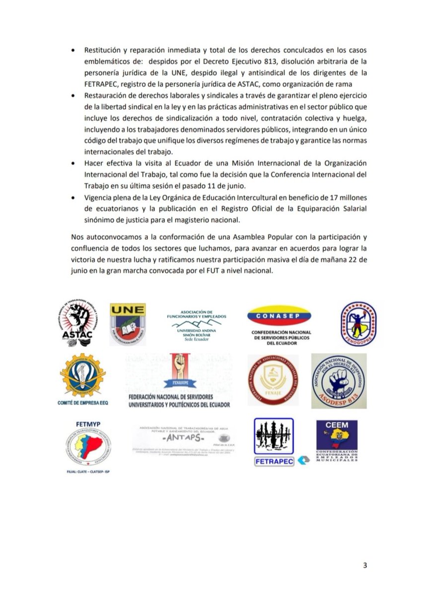 🔴MANIFIESTO

Las organizaciones sindicales del #Ecuador se autoconvocan a la conformación de una Asamblea Popular y ratifican su participación masiva el día de mañana 22 de junio en la gran marcha convocada por el FUT a nivel nacional. #ParoNacional2022

Lee abajo su manifiesto: