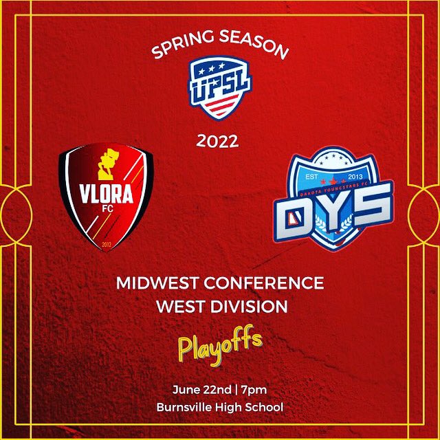 VloraFc's tweet photo. It’s playoffs time ☝🏻

Semi final 

Wednesday June 22nd 

🆚 Dakota Youngstars 
⏰ 7:00PM 
🏟Bob Pates Stadium Burnsville 
📺 Eleven Sports 
🎫 $10

It’s due or die and the winner plays the division finals on Sunday June 26th to go to Nationals. 

#forzavlora🔴⚫️ https://t.co/JcgzJFZoSH