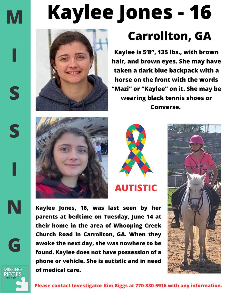 RT @Network4Missing: #URGENT - #KayleeJones, age 16, is #autistic, and because of that, her #parents are #afraid their #daughter was more #vulnerable to #onlinepredators. #missing #kayleejones #carrollton #GA #autistic #pleaseshare bit.ly/3zSFLNc