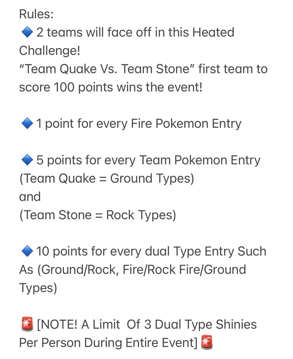 AceShinyHunters's tweet photo. Rules & How to enter in the upcoming shiny hunting event, “Vulcan’s Wrath!”
Like this Post & @R3G3_89 will assign you to a Team before the event starts.
We hope you’ll join us this Friday June 24 - July 1st! #ASH #AceShinyHunters #VulcansWrath 🌋 #TeamQuake VS #TeamStone https://t.co/pVz806ZRtR