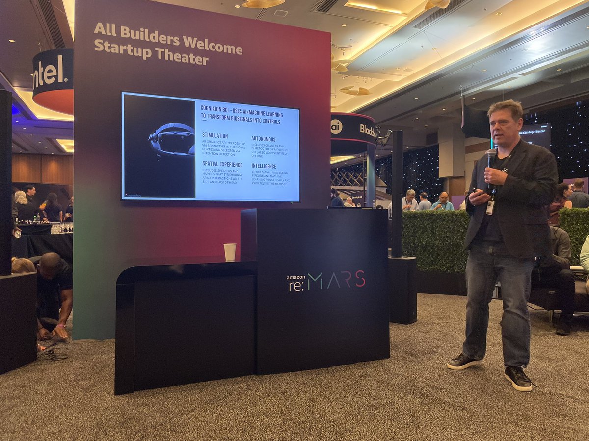 connection76's tweet photo. Listening to a presentation about the connection AR headset from @Cognixion_AI with a multi-sensory #BCI. #aws #reMARS https://t.co/qWffqsOxXk