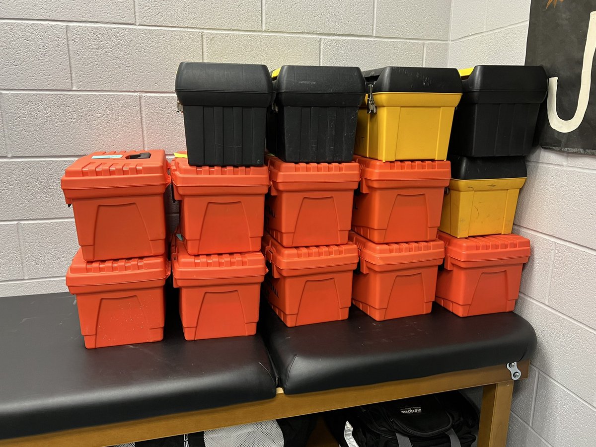 OtsegoSportsMed's tweet photo. Check another summer task off the list! Med kits  reorganized and restocked for the year and inventory completed! (8 other kits not pictured) #OtsegoKnights #NoSummerOff https://t.co/jiMTPahSxc