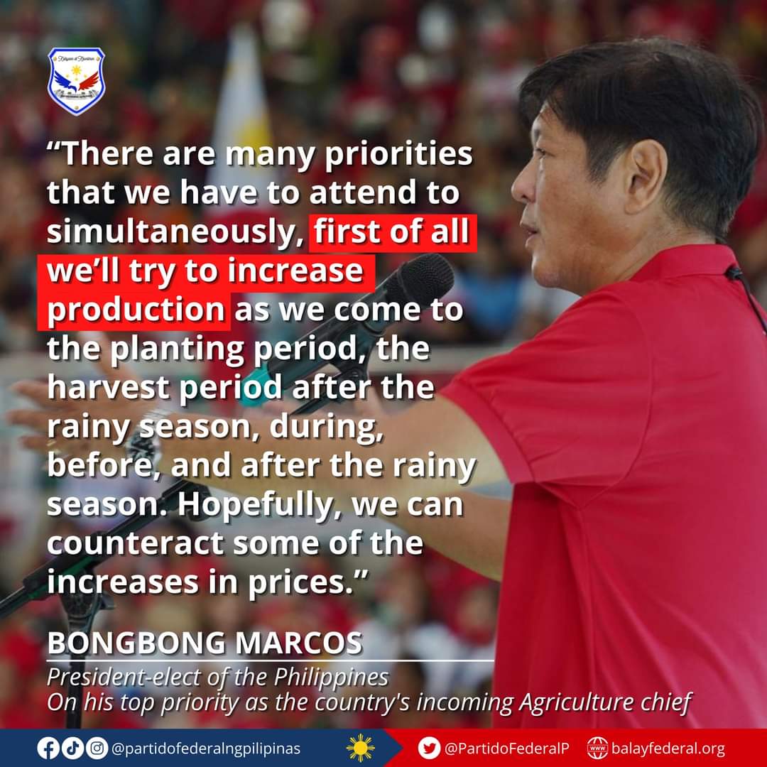 PartidoFederalP's tweet photo. Higher food production yields is President-elect @bongbongmarcos's top priority as incoming DA chief.

Read more: https://t.co/LTYHy7UGGY

#PartidoFederalngPilipinas https://t.co/g6r3sFKhAr