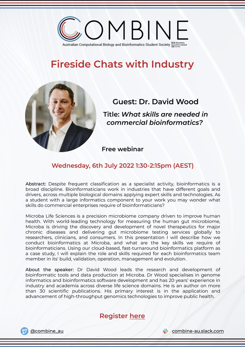 COMBINE (@combine_au) on Twitter photo Announcing Dr David Wood from <a href="/MicrobaOfficial/">Microba Life Sciences</a> as the first speaker in our series of Fireside Chats! 🔥
Tune in on Wed 6th Jul 1:30pm - 2:15pm (AEST) to learn about the skills required in commercial bioinformatics!
Register here: bit.ly/combinefireside Announcing Dr David Wood from <a href="/MicrobaOfficial/">Microba Life Sciences</a> as the first speaker in our series of Fireside Chats! 🔥
Tune in on Wed 6th Jul 1:30pm - 2:15pm (AEST) to learn about the skills required in commercial bioinformatics!
Register here: bit.ly/combinefireside