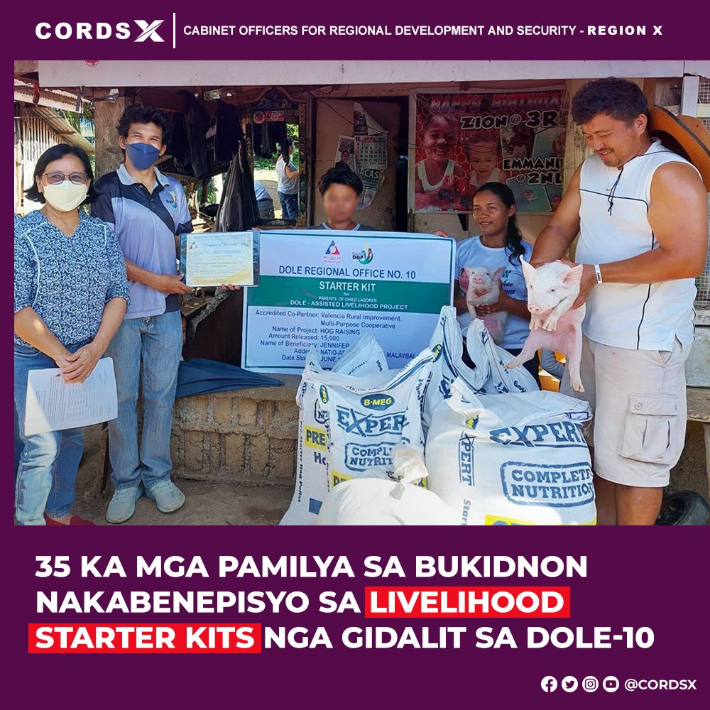 cordsrx's tweet photo. Duyog sa selebrasyon sa World Day Against Child Labor, mukabat sa P525,000 ang kantidad sa livelihood starter kits nga gidalit sa Department of Labor and Employment (DOLE-X) ngadto sa 35 ka mga parents of child laborers (PCLs) sa Barangay Casisang, Malaybalay City.

#CORDSX https://t.co/VE7mrMBvFe