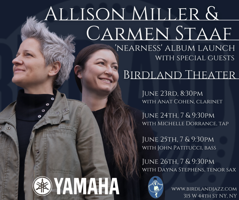 Carmen Staaf (@carmenstaaf) on Twitter photo Playing <a href="/birdlandjazz/">Birdland Jazz Club and Theater</a> w <a href="/alliboomboom/">Allison Miller</a> + guests this weekend for our "Nearness" album release (<a href="/SunnysideRec/">Sunnyside Records</a> ) - 6/23 w <a href="/Anat_Cohen/">Anat Cohen</a>, 6/24 - <a href="/mashdeez/">michelle dorrance</a>, 6/25 - <a href="/JohnJPatitucci/">John Patitucci</a>, 6/26 - <a href="/Daynasound/">Dayna Stephens</a> Bring your N95 and join us! Thanks to <a href="/YASINewYork/">YamahaArtistServices</a> for the beautiful pianos! Playing <a href="/birdlandjazz/">Birdland Jazz Club and Theater</a> w <a href="/alliboomboom/">Allison Miller</a> + guests this weekend for our "Nearness" album release (<a href="/SunnysideRec/">Sunnyside Records</a> ) - 6/23 w <a href="/Anat_Cohen/">Anat Cohen</a>, 6/24 - <a href="/mashdeez/">michelle dorrance</a>, 6/25 - <a href="/JohnJPatitucci/">John Patitucci</a>, 6/26 - <a href="/Daynasound/">Dayna Stephens</a> Bring your N95 and join us! Thanks to <a href="/YASINewYork/">YamahaArtistServices</a> for the beautiful pianos!