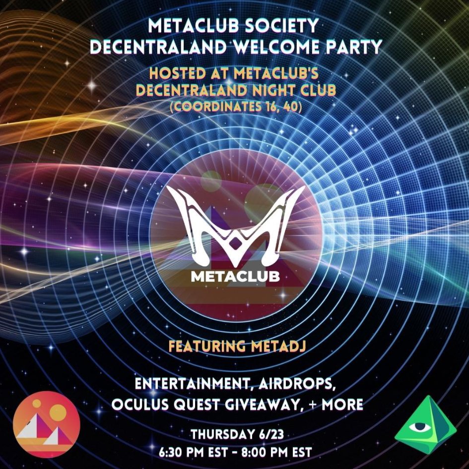 📢  @MetaclubSociety will be launching their first Big Party in <a href="/decentraland/">Decentraland</a> 🎊✨
✅ Attendees will receive @MetaclubSociety very own wearables. Don't miss it❤️

See the details below⬇️ See you there!!
#NFTCommunity  #Metaverse
