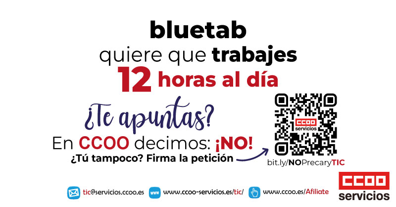 ¿Saben que @bluetabtweet propone en la mesa del convenio que trabajemos 12 horas al día? #NoPrecaryTIC #ConvenioTICdigno @serviciosCCOO @jordicasals1704 @bancosantander @santander_es @AXASegurosEs @roche_es @CarrefourES @SiemensGamesa @edfenergy @Alstom