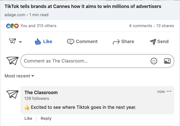TheClassroomnz's tweet photo. LinkedIn now allows company pages to comment on posts in feed. https://t.co/9n0ya9itkL