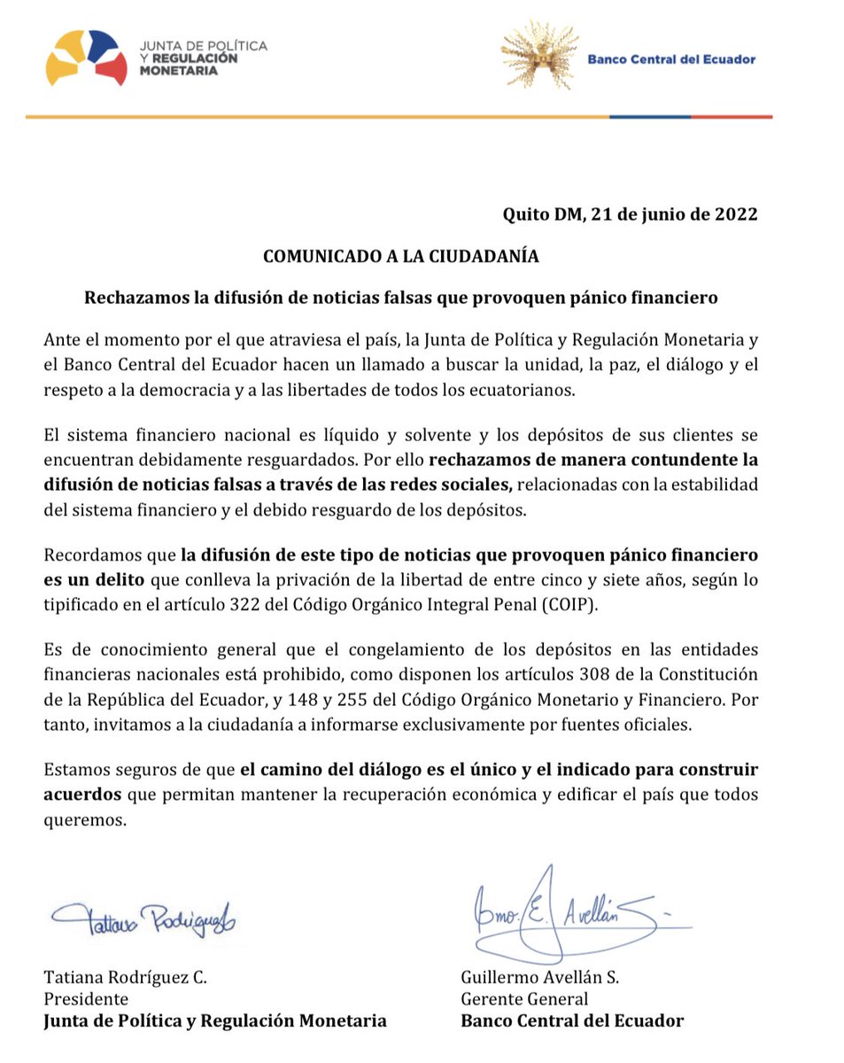 BancoCentral_Ec's tweet photo. Ante la difusión de noticias falsas que pueden provocar pánico financiero, la Junta Monetaria y el Banco Central del Ecuador emiten el siguiente comunicado a la ciudadanía.

Hacemos  un llamado a la paz y al diálogo para respetar la democracia y libertades de los ecuatorianos. https://t.co/cAXWtV82xs