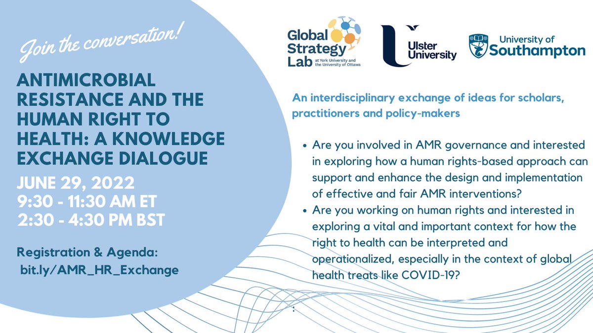 On June 29th, join this interactive knowledge exchange between those working in #AMR and #humanrights law to explore research priorities and governance opportunities. 

Get the agenda, recommended readings, and register here: bit.ly/AMR_HR_Exchange