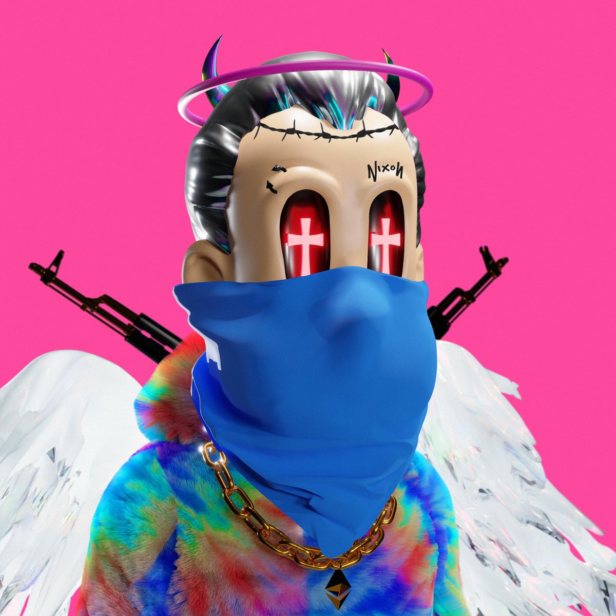 chuggingtonvon1's tweet photo. something about that pink #pinkgang @crookznft #unicorn too! A tie-die furry. #crookznation grab a drank and put yo pinkies out! #nixon #3D #4k #traitfactory #mutations #serums #zombies #NFTCommunity #Striking #eyeaddiction #somethingintheair #notacrook https://t.co/Jz5qkhFuSs