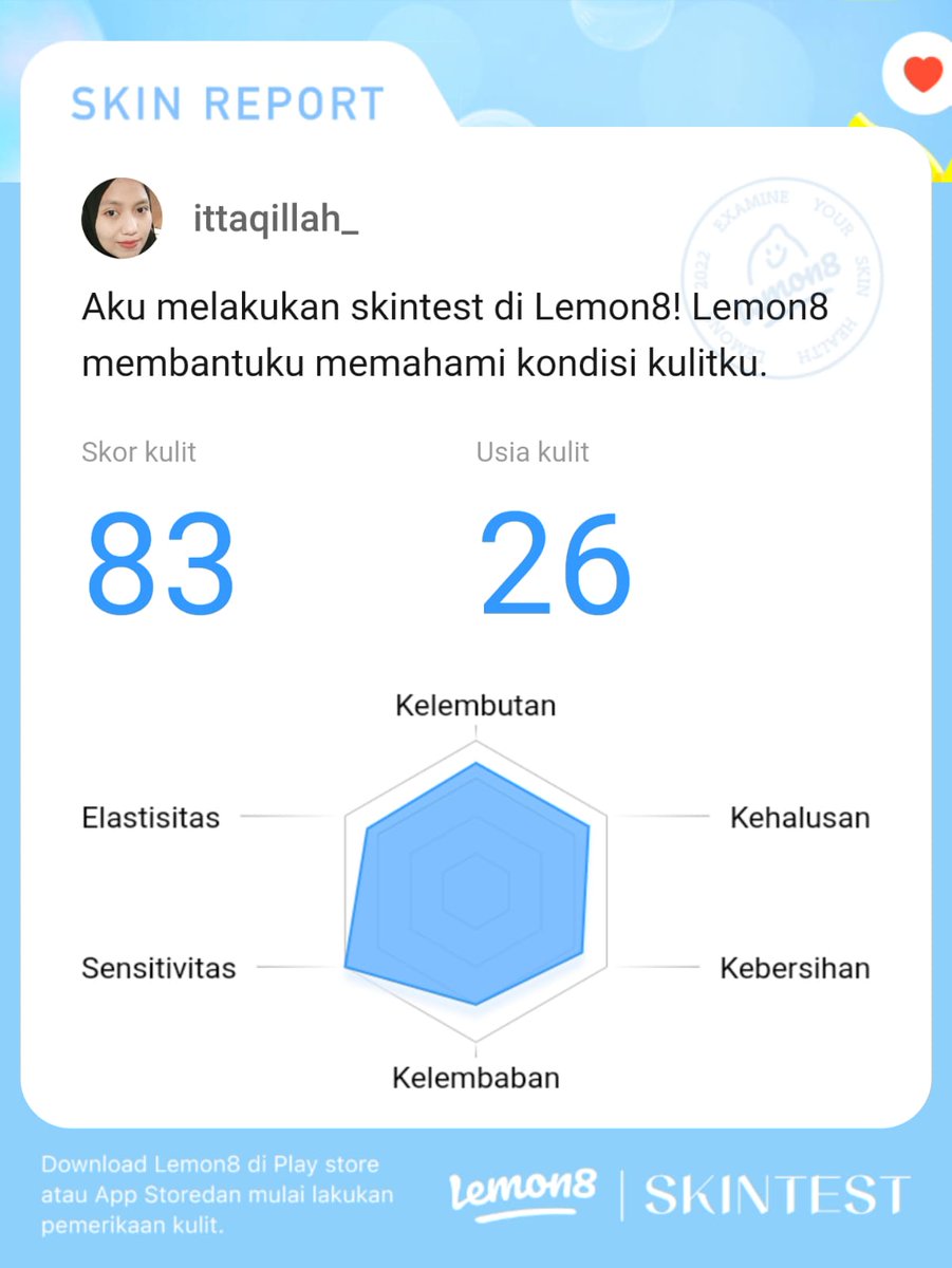 ittaqillah_'s tweet image. Hasilnya emang bener sama kondisi kulit wajah aku yg kombinasi sekarang, dan sedih usia kulitku ga sesuai sama umurku, 3th lebih tua😭 harus lebih aware sama kulit, harus rajin skincare lagi :') udah coba 5x tetep sama hasilnya akurat bgt #Lemon8Skintest #Lemon8Giveaway