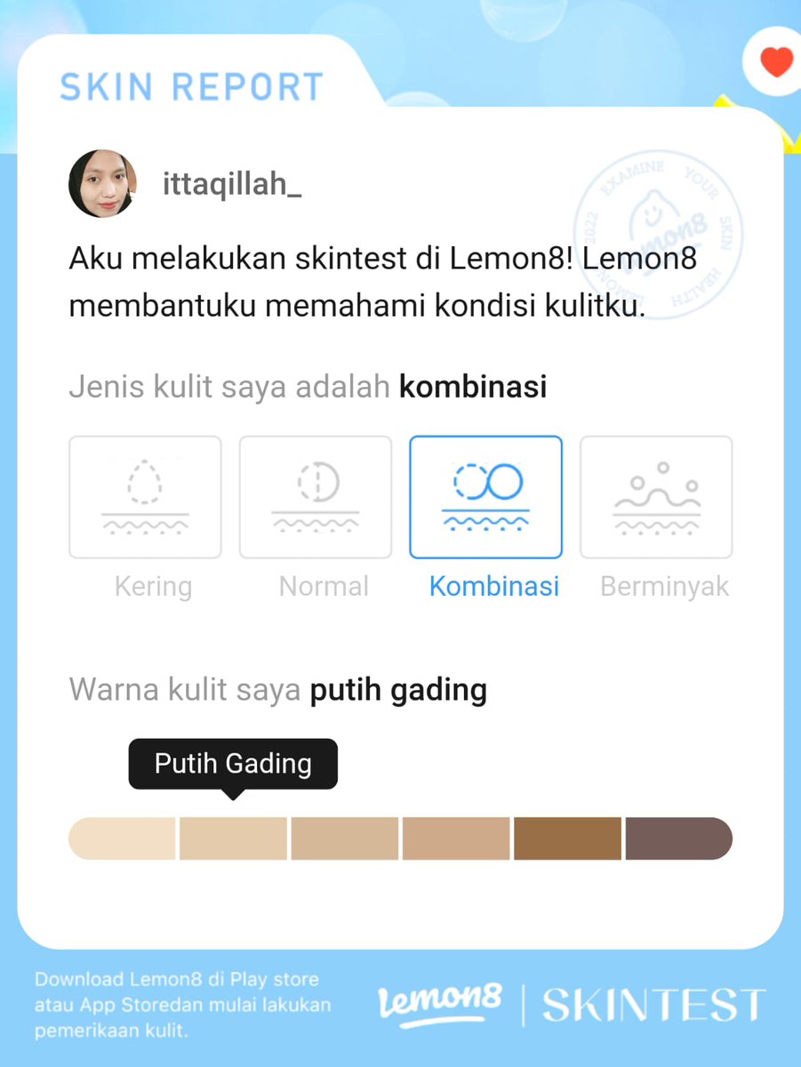 ittaqillah_'s tweet image. Hasilnya emang bener sama kondisi kulit wajah aku yg kombinasi sekarang, dan sedih usia kulitku ga sesuai sama umurku, 3th lebih tua😭 harus lebih aware sama kulit, harus rajin skincare lagi :') udah coba 5x tetep sama hasilnya akurat bgt #Lemon8Skintest #Lemon8Giveaway