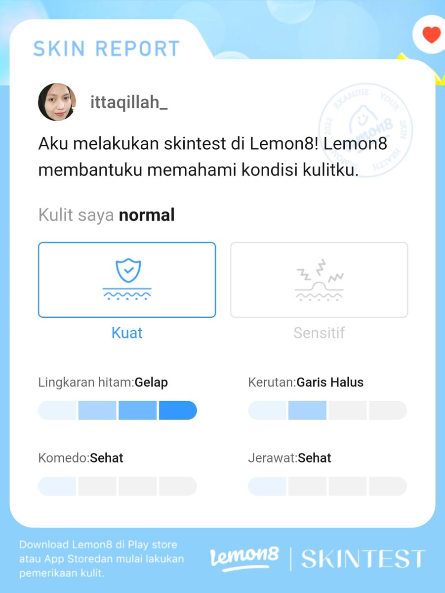 ittaqillah_'s tweet image. Hasilnya emang bener sama kondisi kulit wajah aku yg kombinasi sekarang, dan sedih usia kulitku ga sesuai sama umurku, 3th lebih tua😭 harus lebih aware sama kulit, harus rajin skincare lagi :') udah coba 5x tetep sama hasilnya akurat bgt #Lemon8Skintest #Lemon8Giveaway