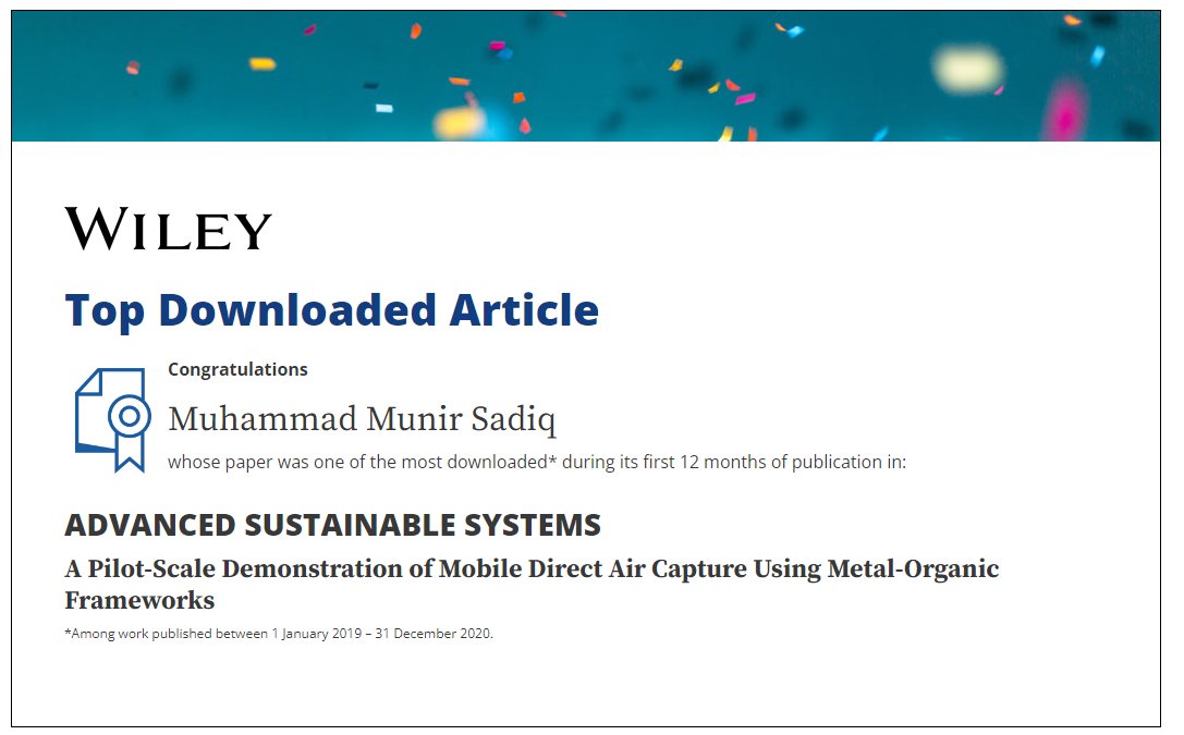 Great news! My work is a #TopDownloadedArticle in its journal  
Evidence that our work developing the Airthena technology is receiving attention, thus contributing towards the global effort of emission reduction through DAC