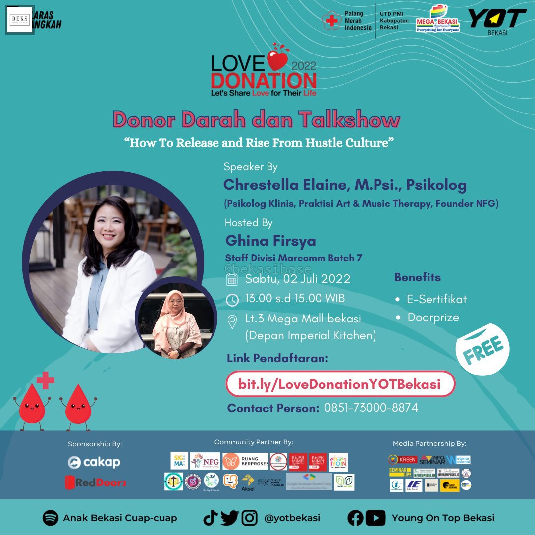 beks temen temen di bekasi yang mau donor darah boleh dateng ke event komunitas ku tanggal 2 Juli nanti di Mall Mega Bekasi lt 3 depan imperial kitchen yaaa! ada talkshow nya juga yg membahas tentang hustle culture, acaranya gratisss langsung daftar dan dateng aja! thank (cont)