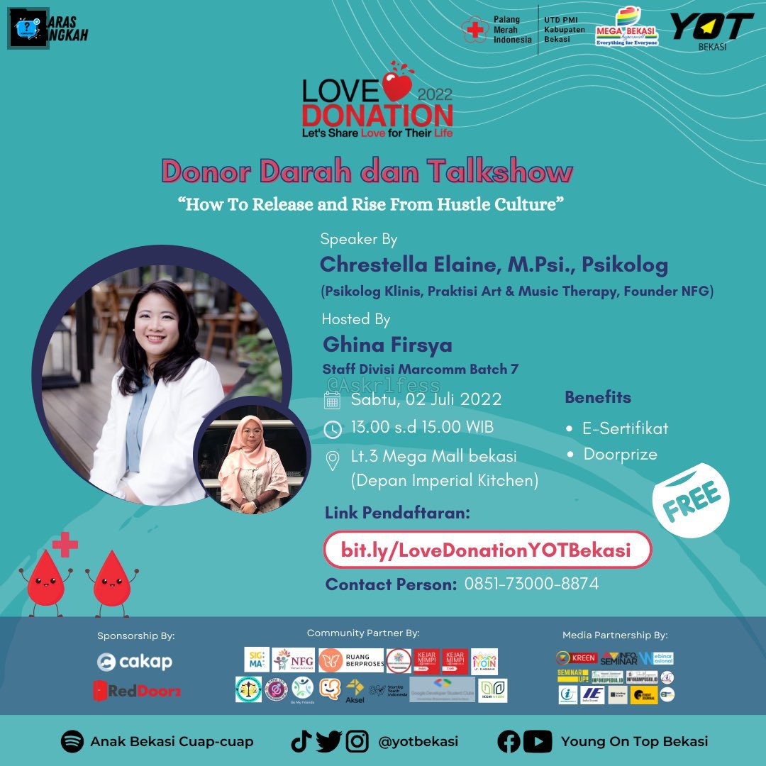 [askrl] temen temen di bekasi yang mau donor darah boleh dateng ke event komunitas ku tanggal 2 Juli nanti di Mall Mega Bekasi lt 3 depan imperial kitchen ya! ada talkshow nya juga yg membahas tentang hustle culture, acaranya gratis yuk daftar dan dateng aja! thank you 🫶🏻