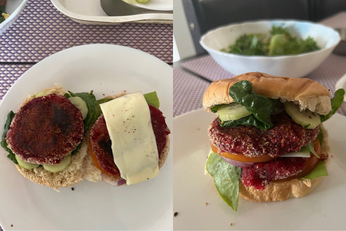 swetabhandari's tweet photo. Today’s lunch #JumboBurger #HomeMade #BeetrootTikki with all the veggies and cheese https://t.co/ASxesfGjyW
