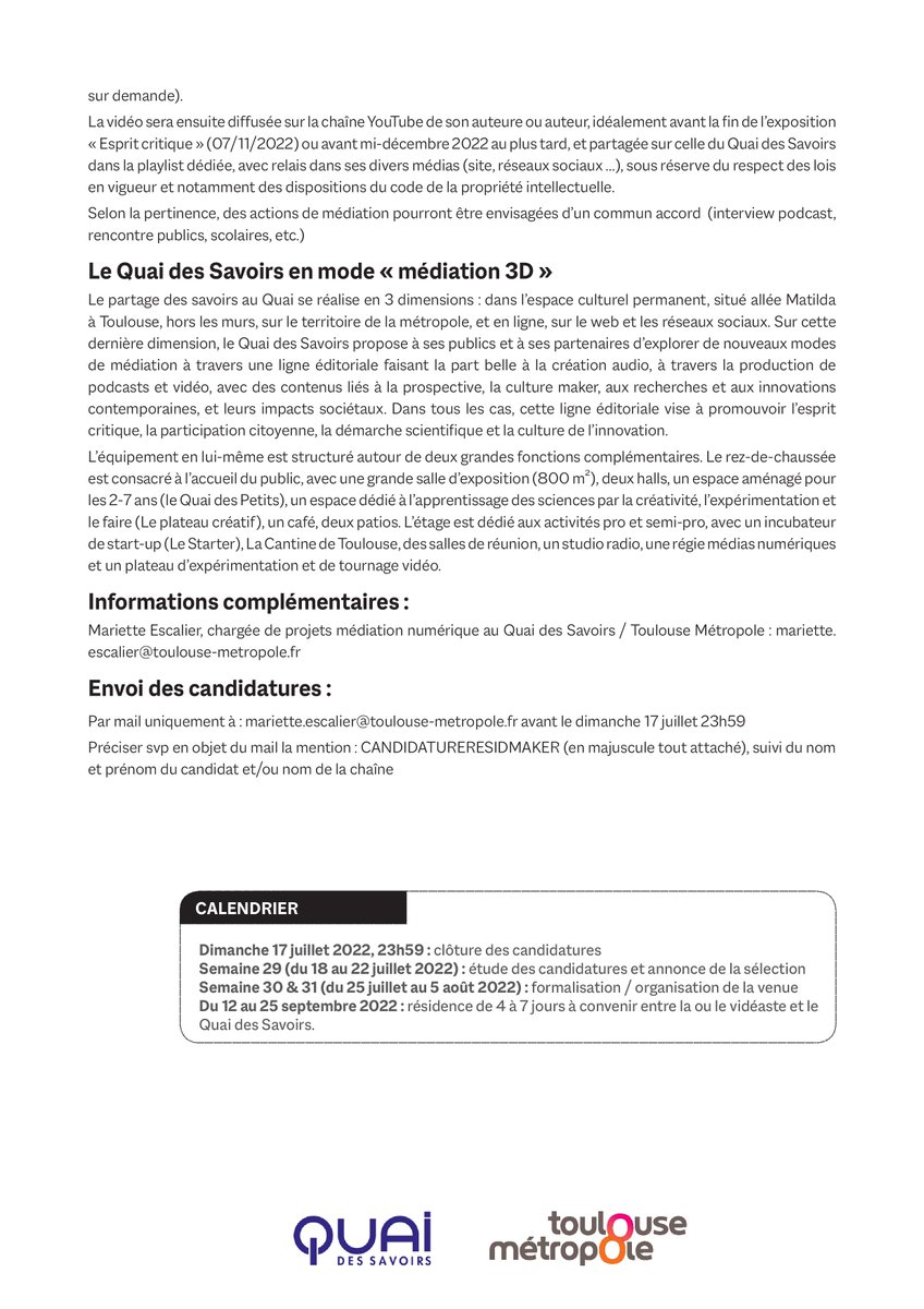 [ 📣 Appel à candidatures ]

📹7e résidence de création vidéastes #vulgarisation scientifique #QuaidesSavoirs

⏩Carte blanche + bourse de 3000€

🧠Thème #EspritCritique version #maker #ExpoEspritCritique #PlateauCréatifDuQuai

⌛️Envoi dossiers 17/07/22🔚
quaidessavoirs.fr/espace-acteurs…