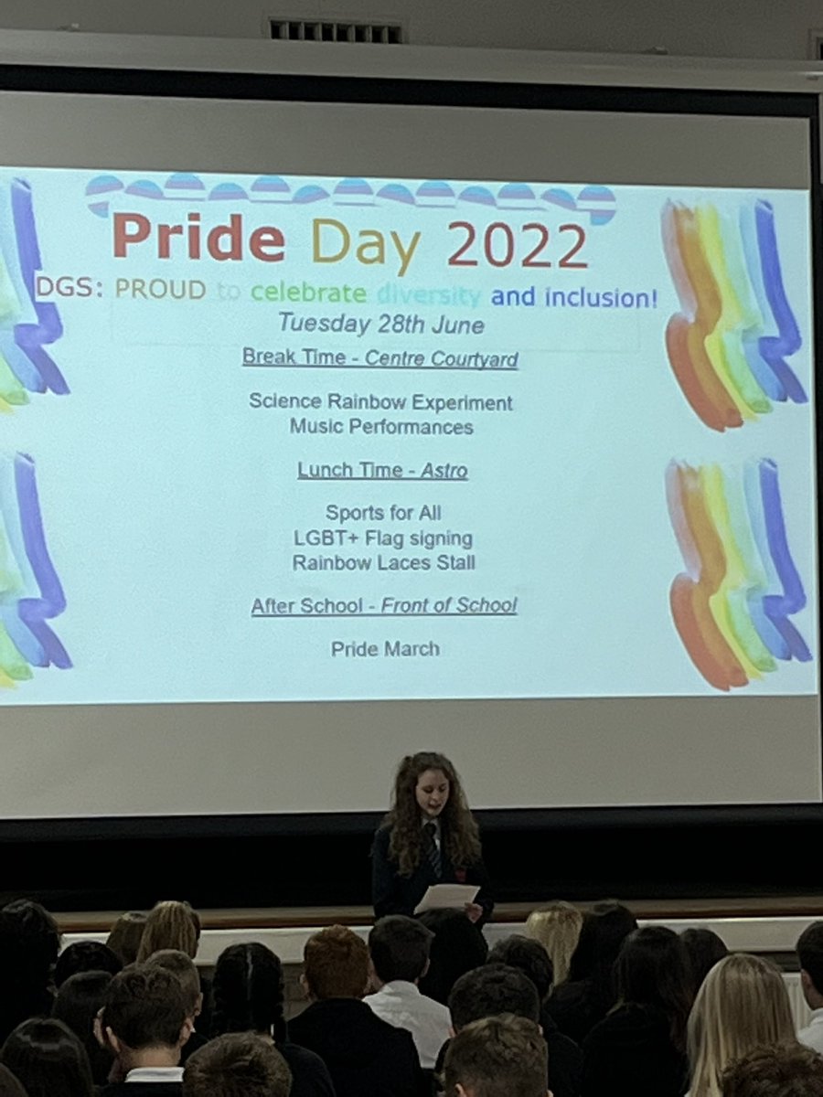 Assemblies this week have been led by Brodie from the <a href="/dgslgbt/">DGSLGBT+Allies</a> Group. She highlighted our school progress with the LGBT Chartership and information about the many events which will be happening on Pride Day next Tuesday #RISE 🏳️‍🌈