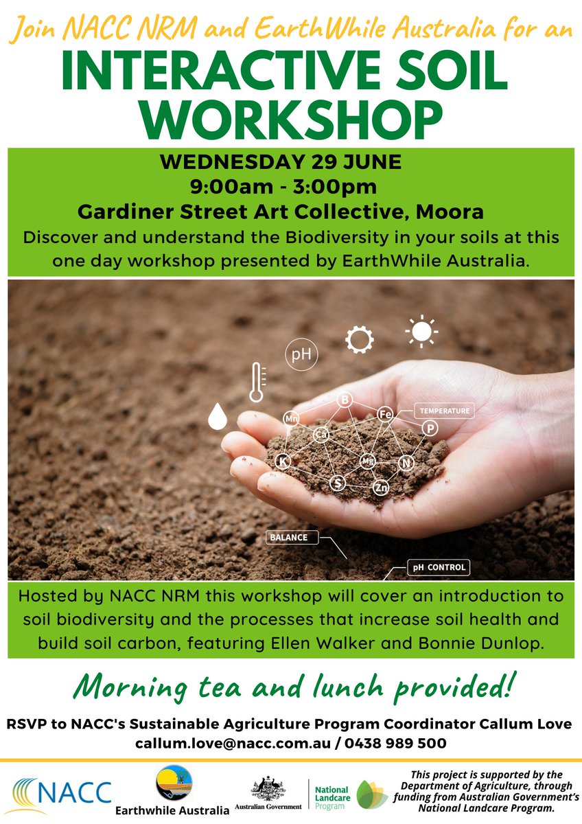 Join <a href="/NACC_NRM/">NACC</a> and <a href="/EarthWhileAus/">EarthWhile Australia Pty Ltd</a> for a free interactive workshop in Moora on the 29th June to learn about soil biology and how you can build soil carbon. RSVP to <a href="/CallumJLove/">Callum Love</a>  at Callum.love@nacc.com.au