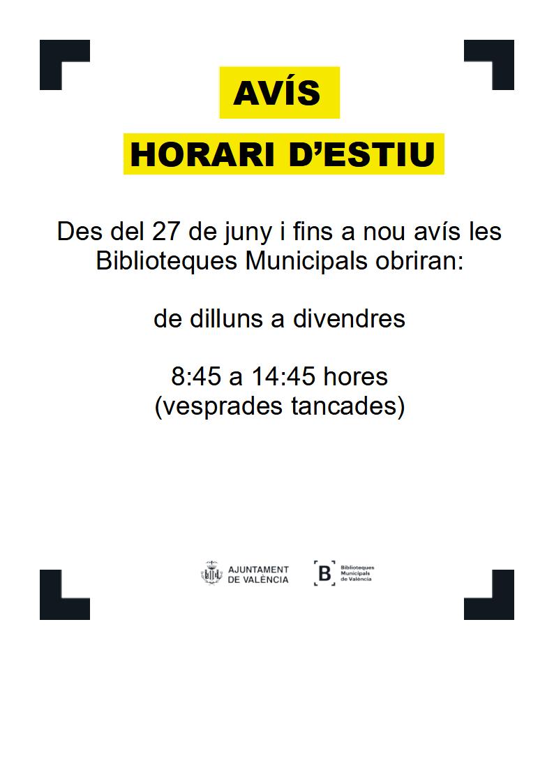 BMValencia's tweet image. ⚠INFORMACIÓ DE SERVEI⚠

En els mesos d&apos;estiu, l&apos;horari⏲ de les Biblioteques Municipals és només de matí.

Consulta les biblioteques que romandran obertes a l&apos;agost🌞🏖:
valencia.es/-/sm-bibliotec…
