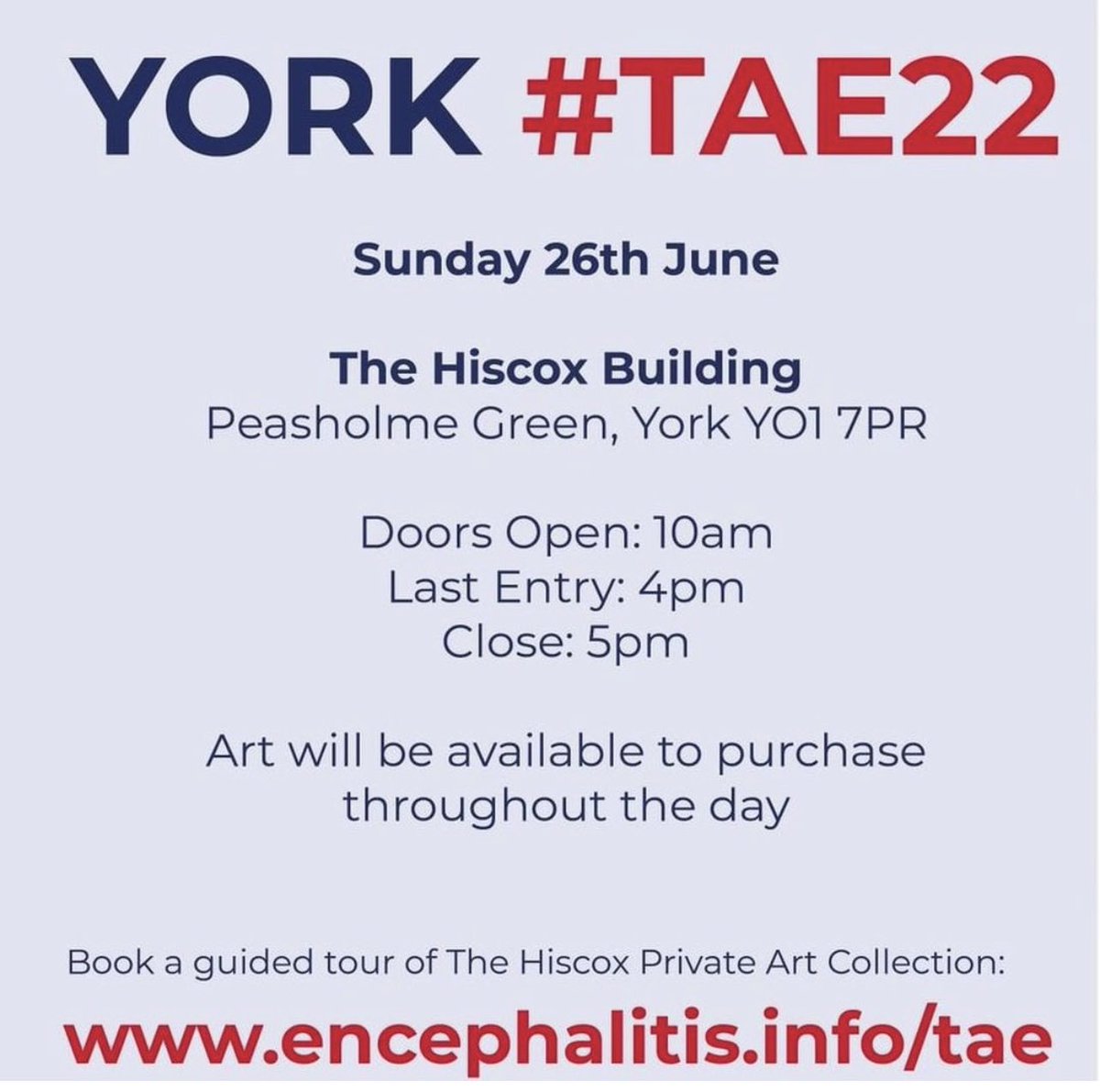 #TAE22 Gala Evening & Sale Saturday 25th June 5-8pm (by registration only). 

Sale continues Sunday 26th June (10-4). Open to all! Book to see the Hiscox private art collection too! (£15 all proceeds to @encephalitis) 

ALL cards £30 each! 

See you there! 

#YorkEvents #YorkArt