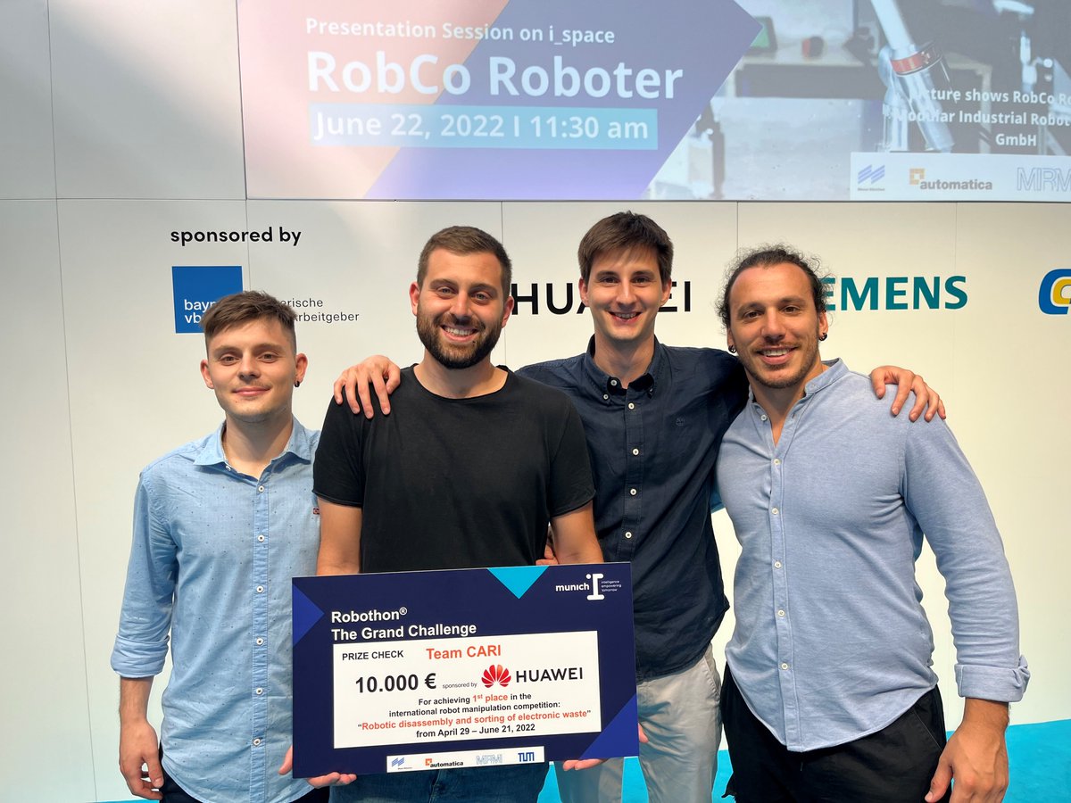 StiimaCNR's tweet photo. Il team CARI, di @CNR-STIIMA e @unibs_official, primo al #Robothon Grand Challenge 2022, con oltre 20 team dal mondo! Premio: 10.000 € durante @automaticafair a Monaco. Competizione robotica internazionale organizzata da munich_i and Automatica Messe; sponsor #Huawei e #Siemens. https://t.co/baH4Yzj763