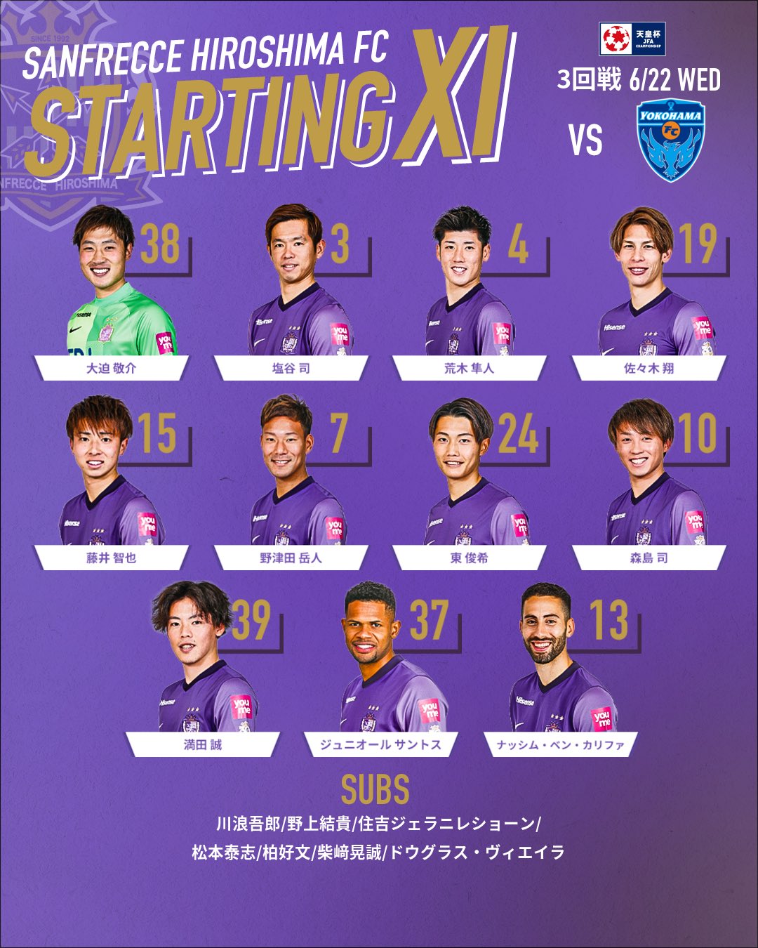 サンフレッチェ広島 公式 天皇杯３回戦 横浜ｆｃ ニッパツ三ツ沢球技場 スターティングイレブンはこちら Sanfrecce ぶちあつ T Co 7ynsh15c6n Twitter