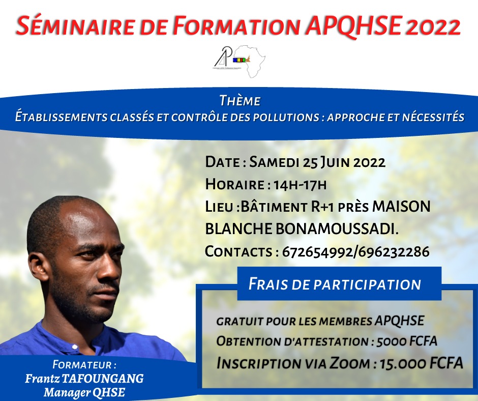 apqhse's tweet photo. 𝐈𝐍𝐒𝐂𝐑𝐈𝐏𝐓𝐈𝐎𝐍 𝐀𝐔 𝐒𝐄𝐌𝐈𝐍𝐀𝐈𝐑𝐄 𝐃𝐄 𝐅𝐎𝐑𝐌𝐀𝐓𝐈𝐎𝐍 𝐃𝐔 𝟐𝟓 𝐉𝐔𝐈𝐍 𝟐𝟎𝟐𝟐

𝐓𝐇𝐄𝐌𝐄: ÉTABLISSEMENTS CLASSÉS ET CONTRÔLE DES POLLUTIONS: APPROCHE ET NÉCESSITÉS 
𝐅𝐎𝐑𝐌𝐀𝐓𝐄𝐔𝐑: @Frantz_Sayer
https://t.co/kfayTwC6wQ
𝐈𝐍𝐅𝐎𝐋𝐈𝐍𝐄: (+237) 672654992 https://t.co/NpxZHe8pem
