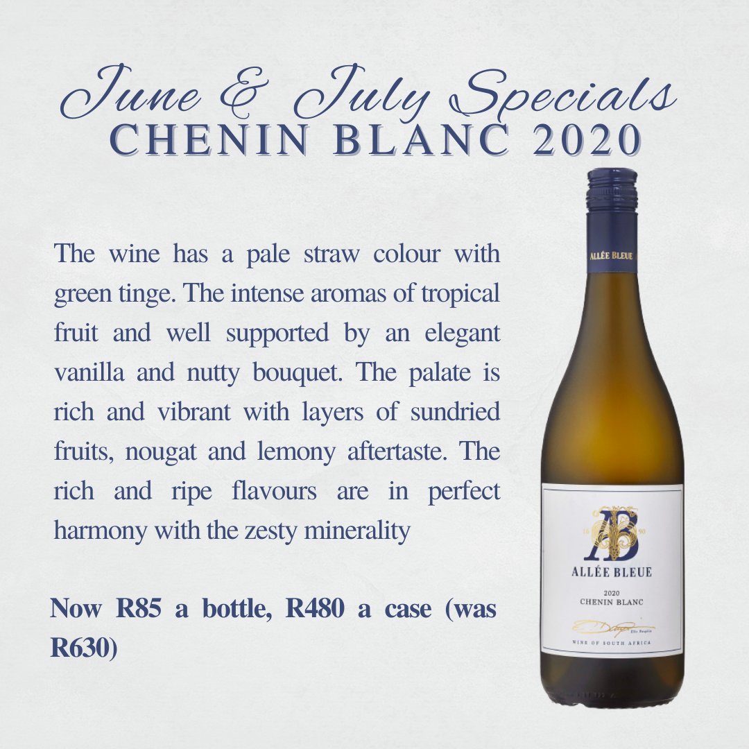 AlleeBleue's tweet photo. For a delicious meal try flame grilled line fish with lemon butter & pair with our Chenin Blanc 2020.
Now only R85 a bottle, R480 a case (was R630)!
Available now exclusively through our Tasting Room or by emailing ambassador2@alleebleue.com – only while stocks last.
#AlleeMagic https://t.co/th5nyCtuPB