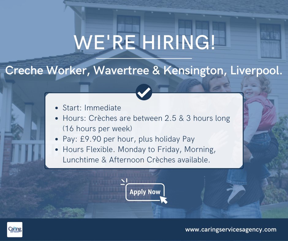 Caringservices1's tweet photo. 🚨 NEW JOB ALERT🚨

We are recruiting for #CrècheWorker in the Wavertree and Kensington Area (#Liverpool).

➡️ Working with families in the local community, supporting #childcare and development, whilst parents attend training courses.

Apply today! https://t.co/HyCjm5Ul2X https://t.co/zFu8gfy9du