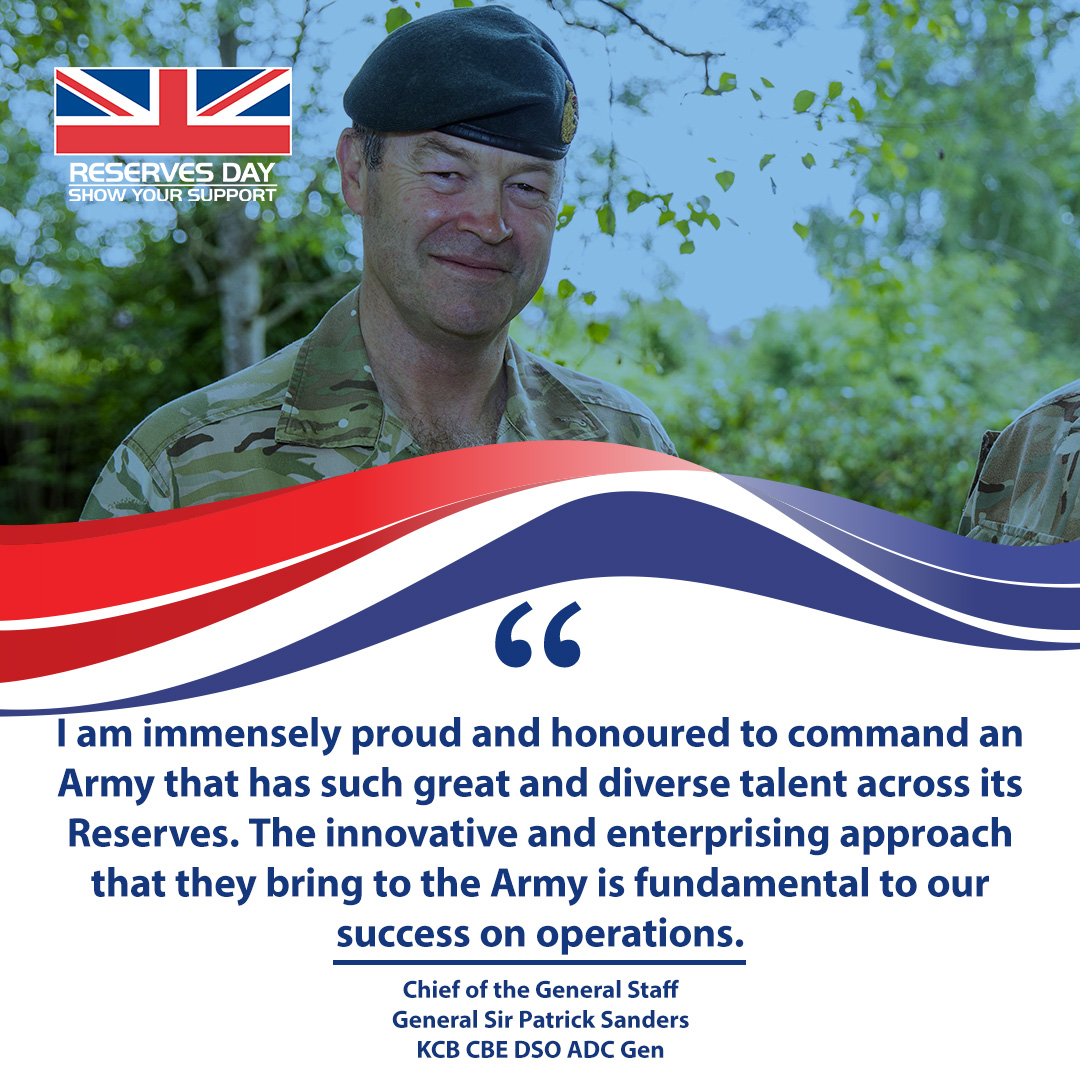 📣 This #ReservesDay Chief of the General Staff General Sir Patrick Sanders has a message for all UK Armed Forces Reservists. Reserves bring essential skills into Defence and are a vital component to the safety and security of the nation. 👏 #ArmedForcesWeek