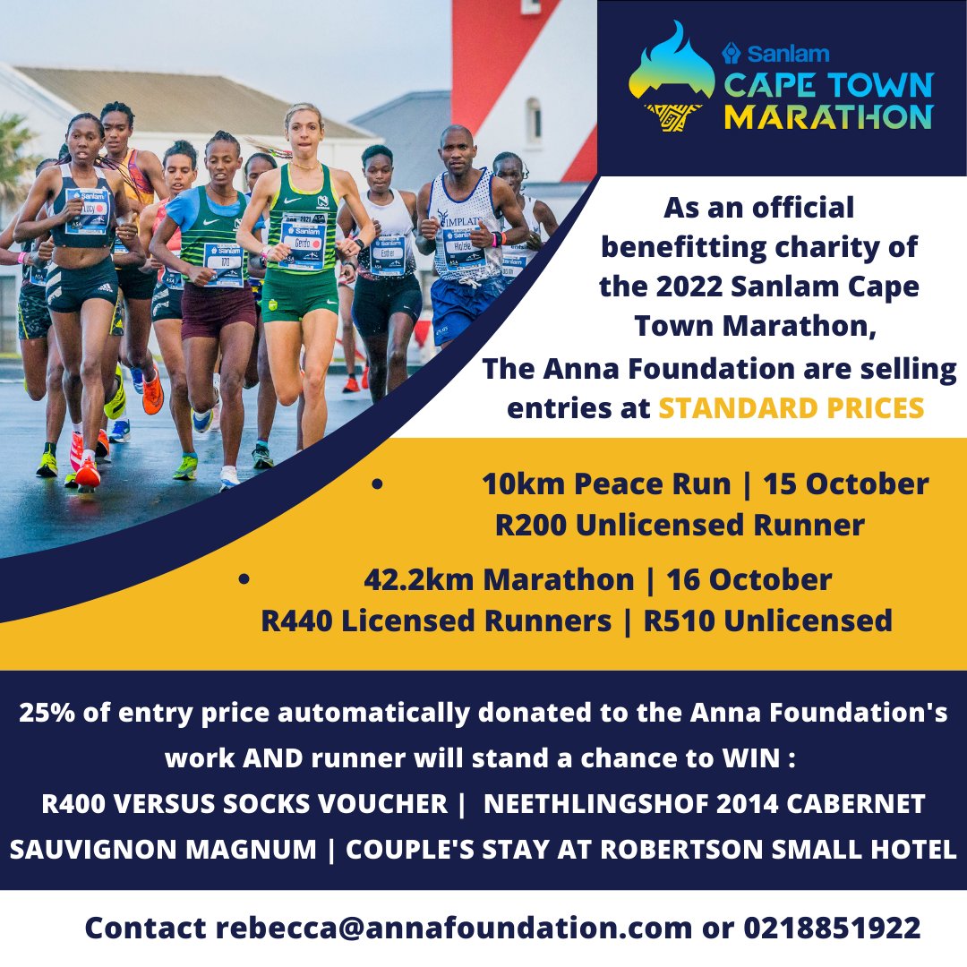 Choose to buy your <a href="/CTMarathon/">Cape Town Marathon</a> entry through the Anna Foundation for a WIN WIN situation! See info below and get in touch 🏃🏾‍♀️🏃🏽‍♂️